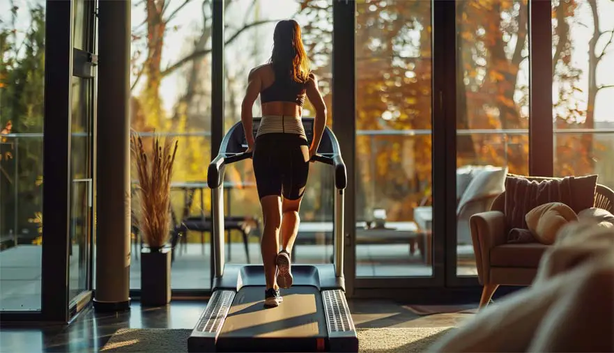 Rear shot of a woman doing high intensity interval training (HIIT) on a treadmill looking out on an autumn landscape.