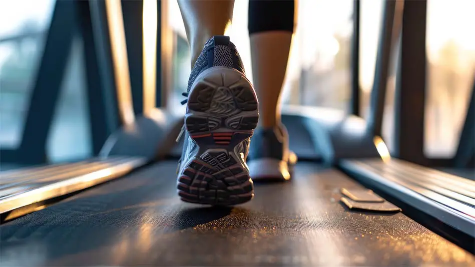 Rear view of a woman walking on a treadmill warming up for a high intensity interval training session (HIIT).  