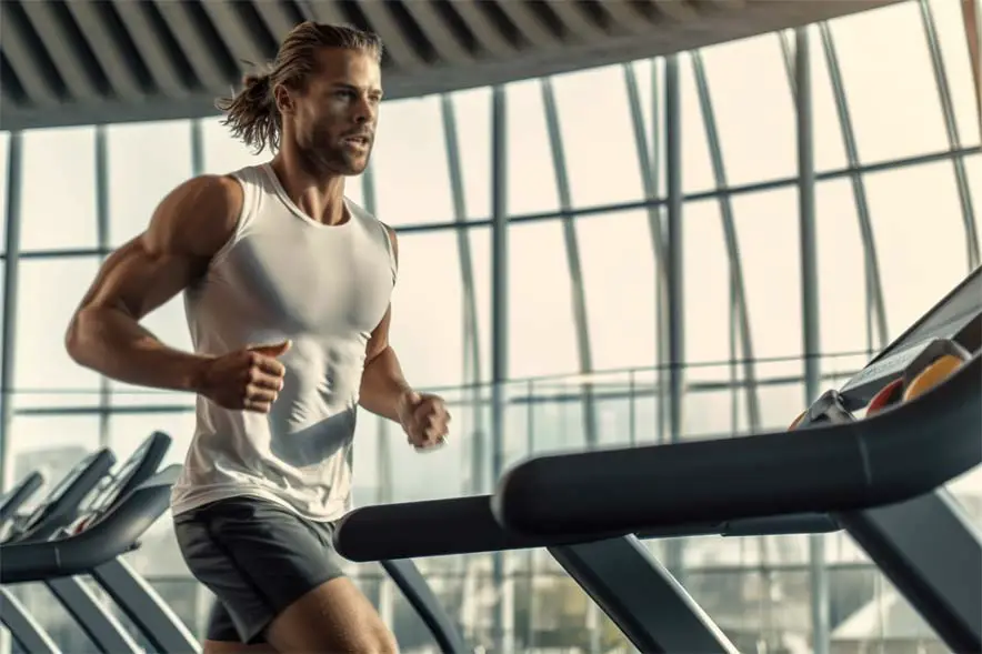 A man at the gym doing high intensity interval training (HIIT) on a treadmill.