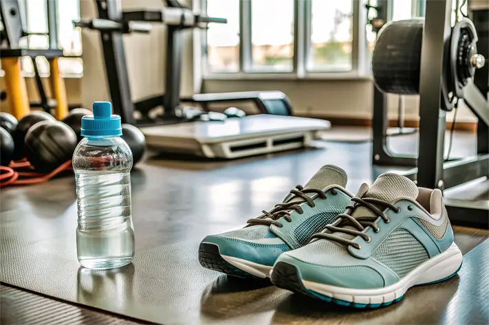 A pair of workout sneakers on a gym floor by a water bottle and exercise machines.