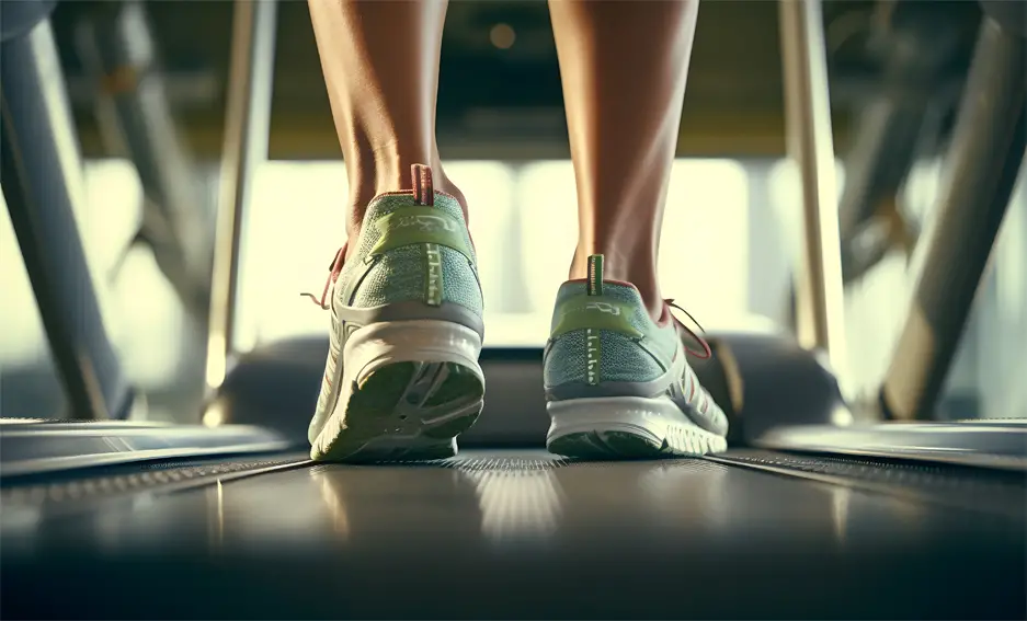 Back view of an athlete's tennis shoes and calves walking on a gym treadmill.