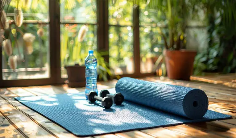 Yoga and exercise mats with dumbbells and a water bottle by a scenic glass window of hazy sunshine and beautiful plants.