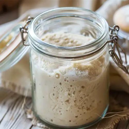 Select shot of vegan sourdough sponge starter in an open mason jar on a rustic board.