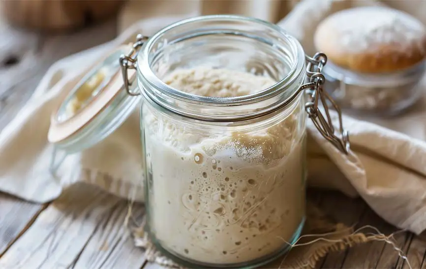 Select shot of vegan sourdough sponge starter in an open mason jar on a rustic board.